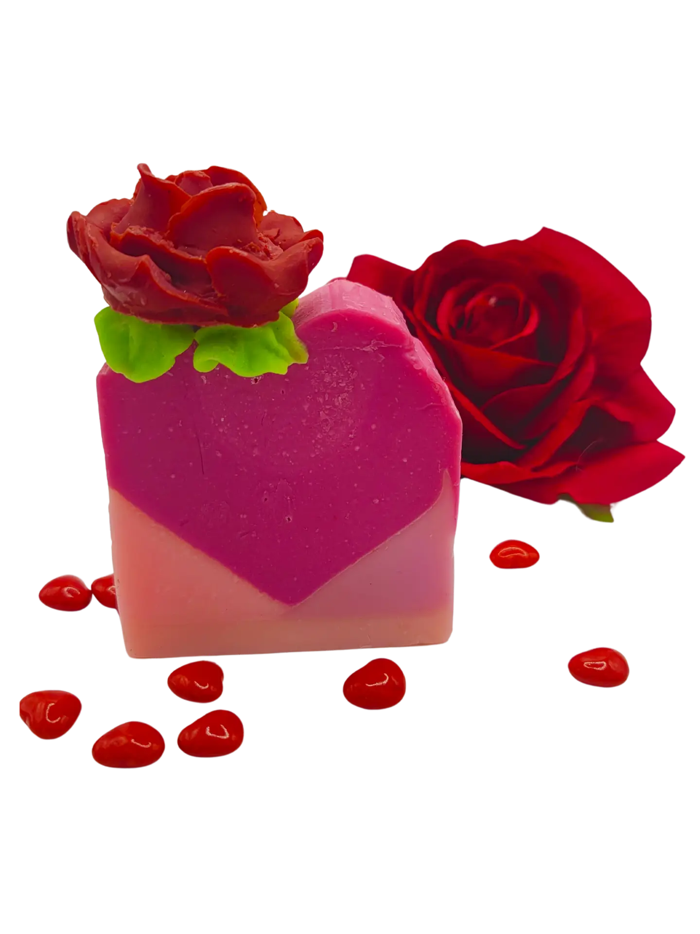 Savon artisanal avec une rose sculptée, riche en huiles naturelles et vitamine E, de Les Mels.