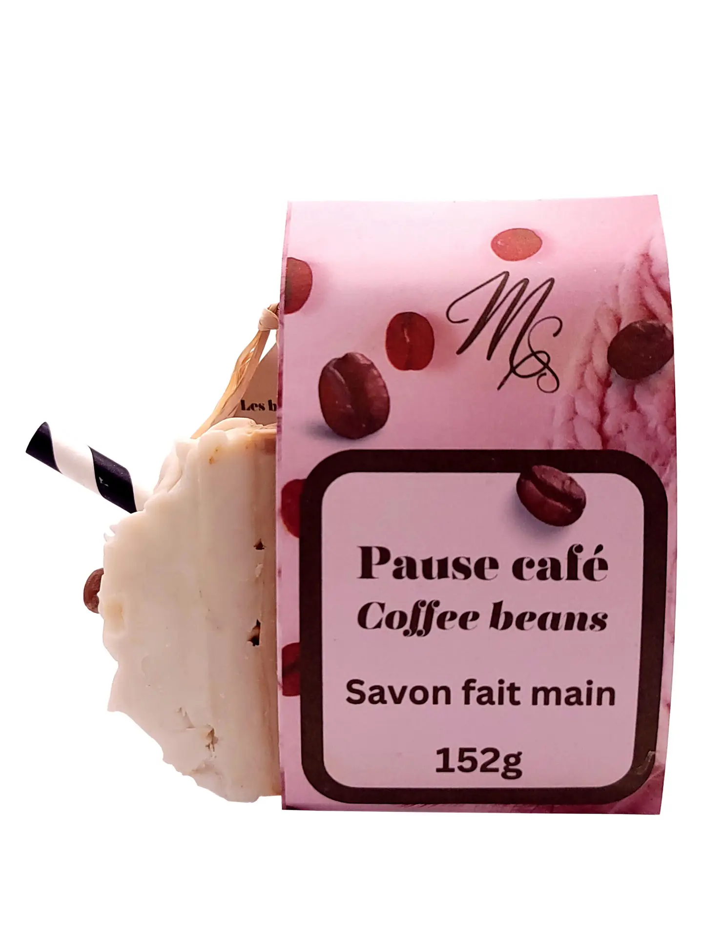 Savon 'Pause Café' de Les Mels avec motif de crème fouettée et grain de café, nourrissant à l'huile d'olive.