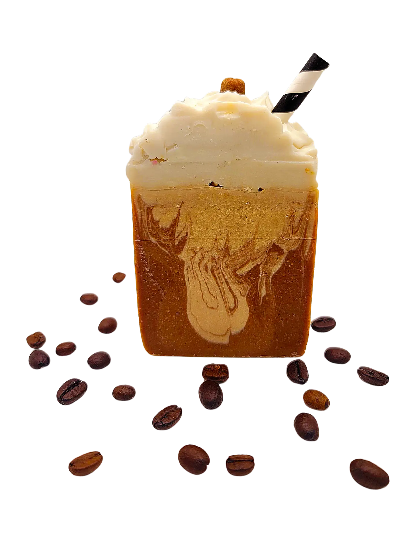 Savon Pause Café avec une crème onctueuse et des grains de café, invitant à une expérience de bain revigorante et aromatique.